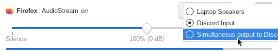 selecting “Simultaneous output to Discord Input, Laptop Speakers” in pavucontrol